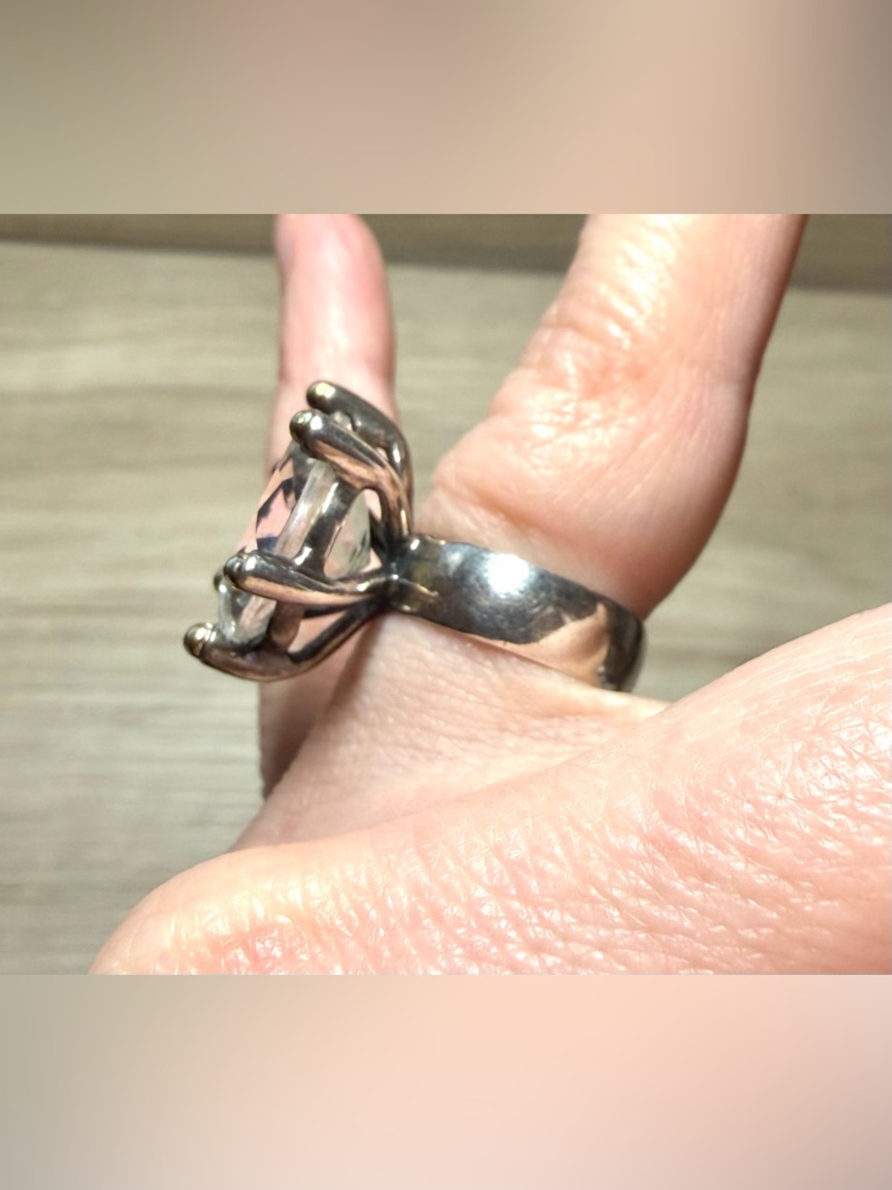 Designer YAM Israel Sterling Silver & 14K Gold Clear Natural Stone Ring, Size 5 - Picture 10 of 11